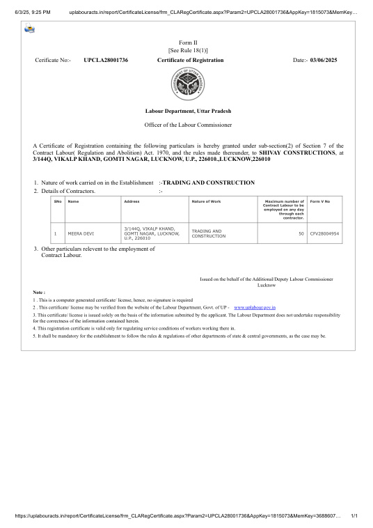 Contract Labour Registration certificate preview
